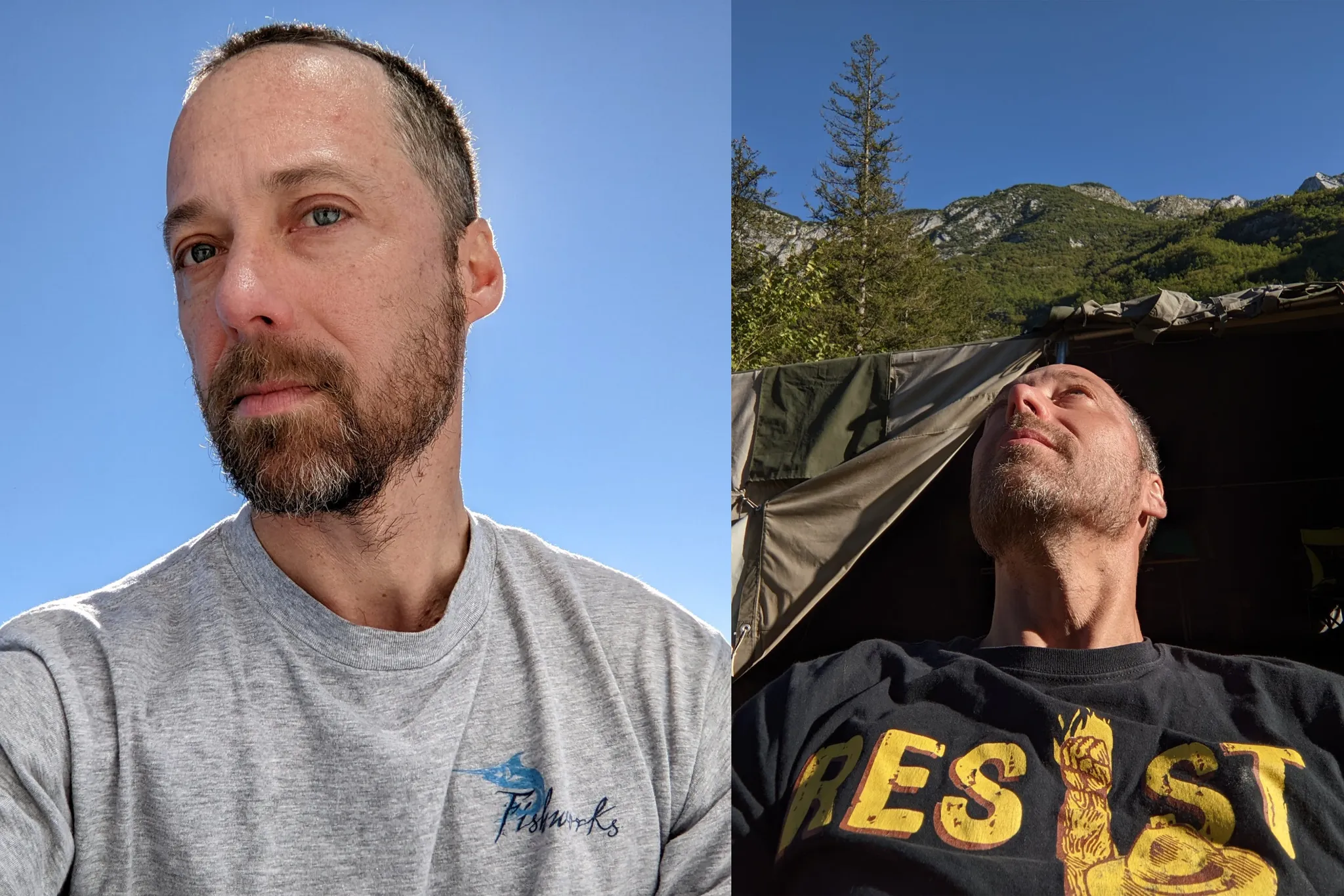 Two photos of August Black, one in gray long sleeve shirt with blue sky behind, another portrait shot from below and looking upwards with T-shirt that says &lsquo;resist&rsquo;