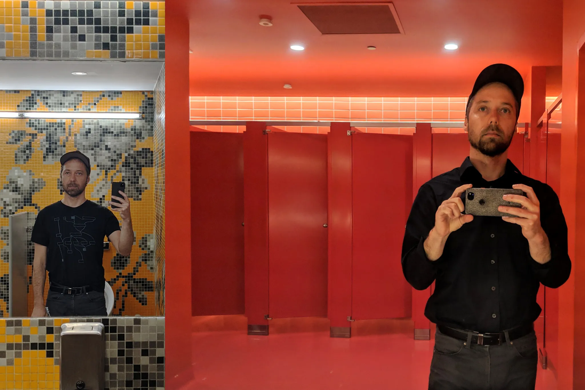self-portraits in two separate fancy bathrooms