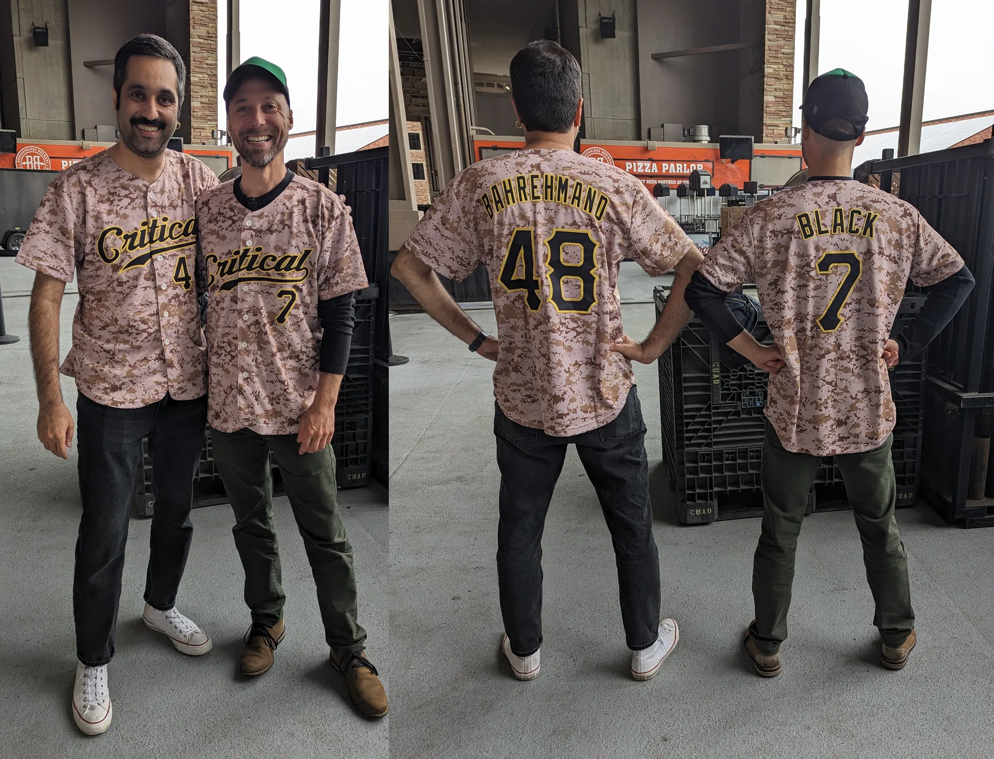 August Black and Nima Bahrehmand in "team critcal" custom made athletic jerseys with camo print.