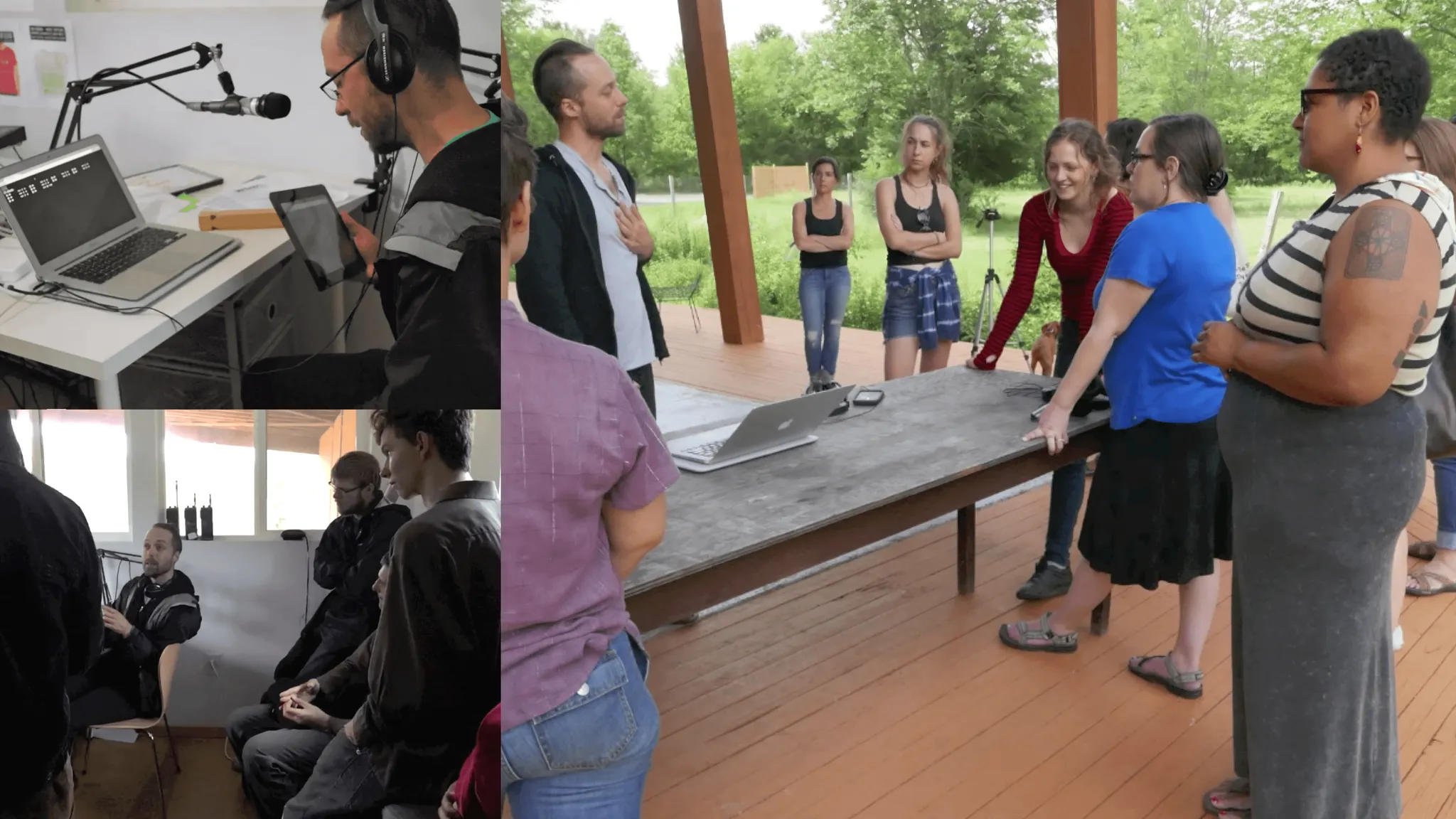 collage of photos, one of August from the side with headphones on, holding a tablet, and speaking into a mic, the other two of august speaking to onlookers.