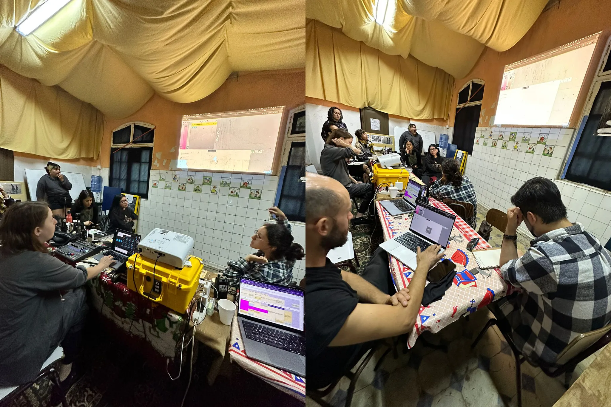 Two pictures. On the left, a white woman with shoulder length brown hair shows mezcal on a laptop with a projection of the screen above. Four women look at her and the screen. On the right,  a white man with short balding hair looks at mezcal on his laptop with a man to his right and the other five women on the long end of a table.
