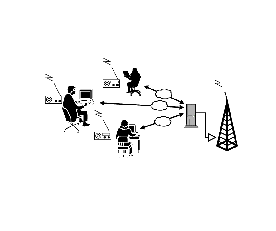 graphic of 3 people connected to a radio tower through network