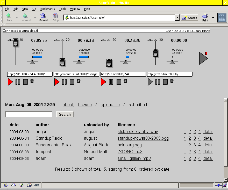 screenshot of userradio showing 4 audio faders